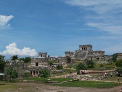 A wide angle shot of the Maya ruins at Tulum, Mexico